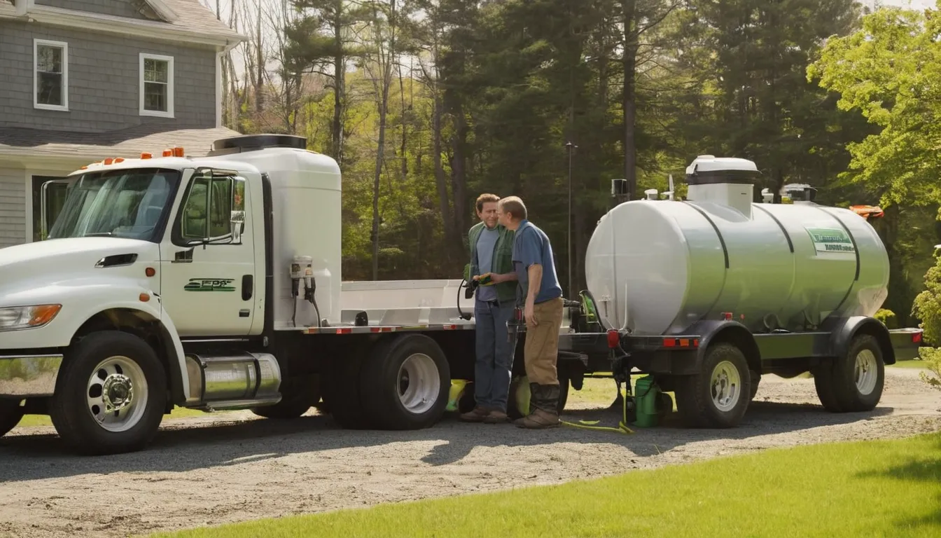 A friendly septic provider and a homeowner talking beside an open tank lid in a yard near New York